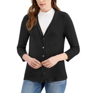 Fever Black Ribbed Knit 3/4 Sleeve Button Front Cardigan Shirt Womens XS New